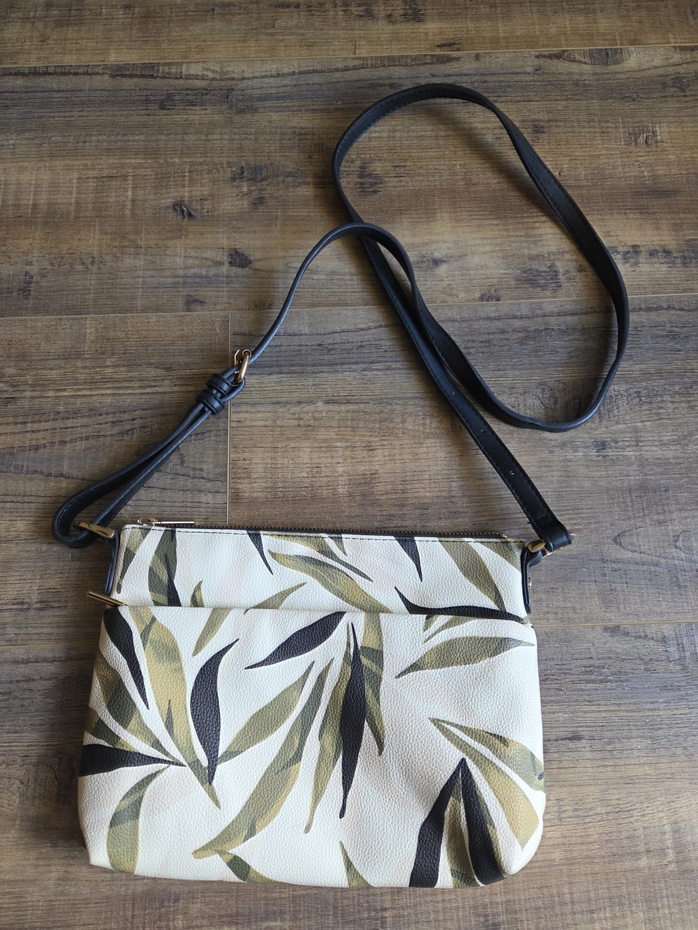 a new day Cream Crossbody with Olive & Black Leaf Print and Black Strap